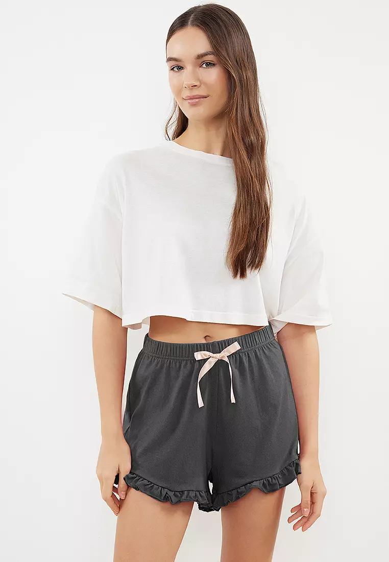 Gray-Pink 2-Pack Cotton Ruffle Ribbon/Bow Detail Knitted Pajama Bottoms