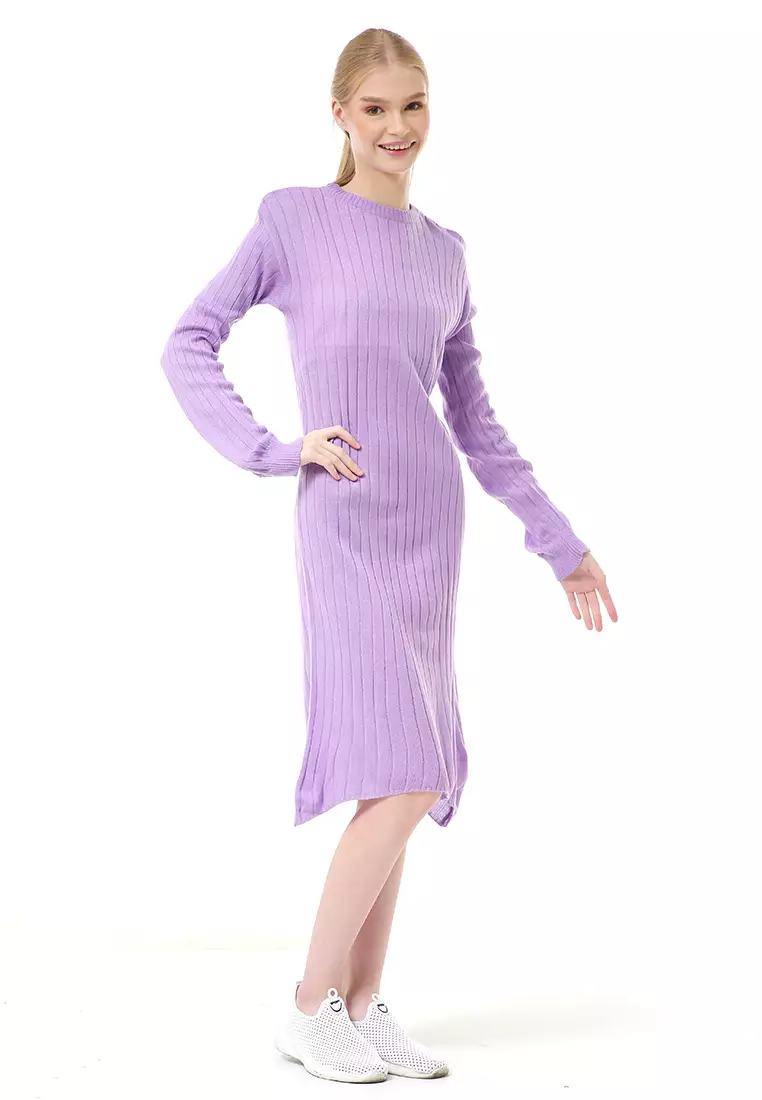 Adela Dress Rajut Tunik Wanita Motif Polos Long Sleeve Relaxed Fit - Lilac
