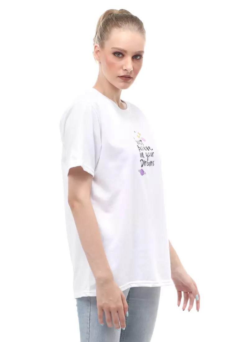 Heller Kaos Atasan Wanita Oversize Motif Print Short Sleeves Relaxed Fit - Lepen Putih