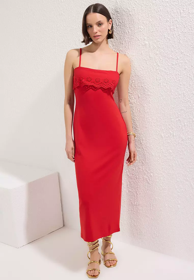 Red Embroidered Detailed Bodycone/Fits The Body Midi Knit Dress Twoss25El00356