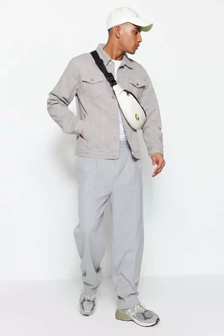 Men's Gray Palazzo Elastic Waist Pleated Pants