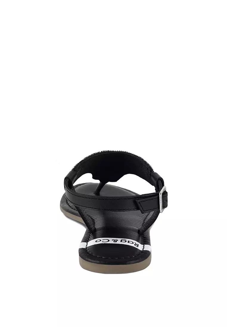 Pin Buckle Beaded Flat Sandals in Black