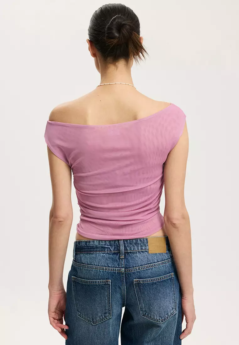 Gathered Mesh Off Shoulder Top