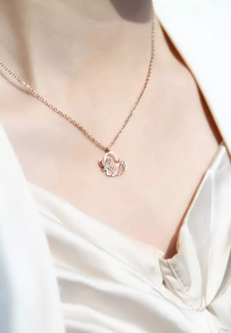 McQueen Butterfly with Hollow Heart Pendant Chain Necklace in Rose Gold