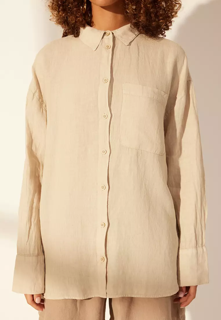 Beige 1% Linen Pocket Detailed Oversized Shirt Twoss26Go39