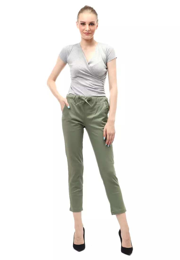 Long Pants Wanita Motif Solid Rubbery Waist Design Casual Regular Fit - Hijau