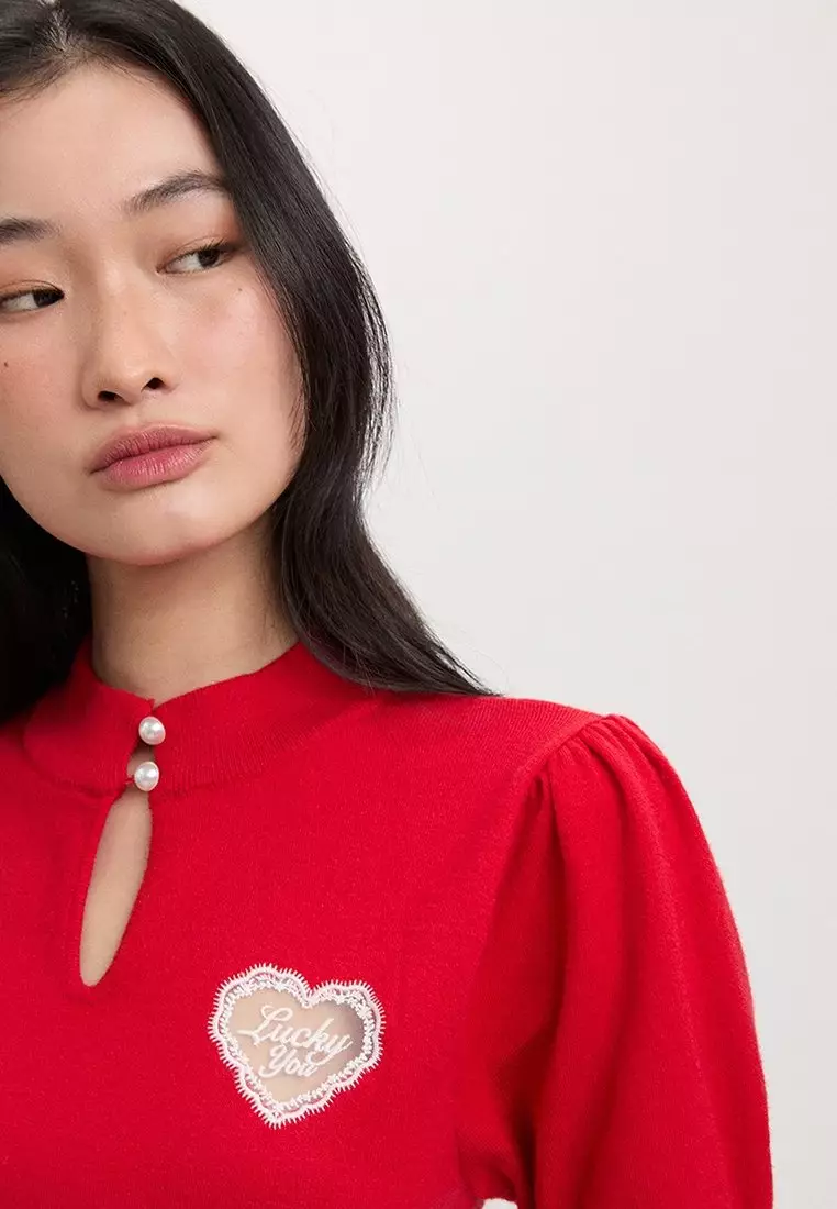 Heart Cut Out Knit Top - Red