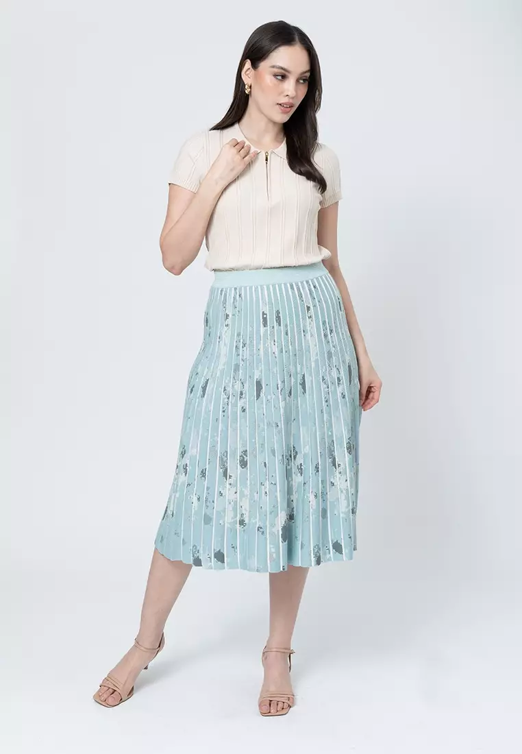 Veda Pleated Knit A-Line Skirt with Elastic Waistband