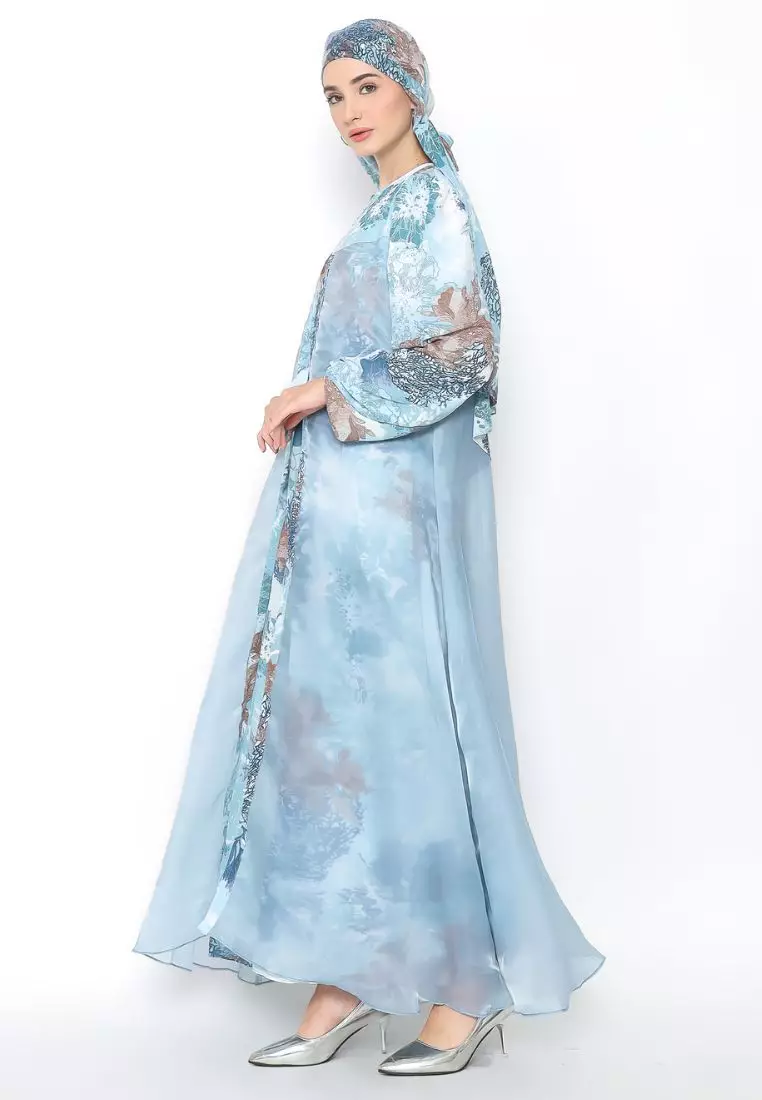 Rinjanie x Senorita  - Gamis Rosslen Biru Muda - Gamis Set Scarf Raya - Gamis Set - Gamis Printing Mix Organza - Dress Raya - Dress mix organza - GMKY - BR