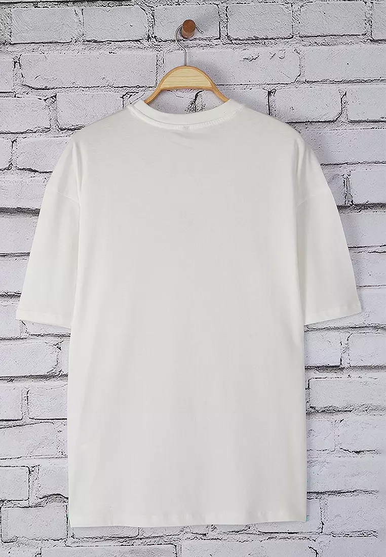 Ecru Oversize/Wide Cut Penguin Embroidered 100% Cotton T-Shirt