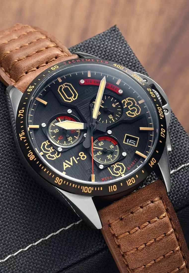 AVI 8 Men s 43mm P51 Mustang Blakeslee Meca quartz Chronograph Watch With Brown Leather Strap AV 4077