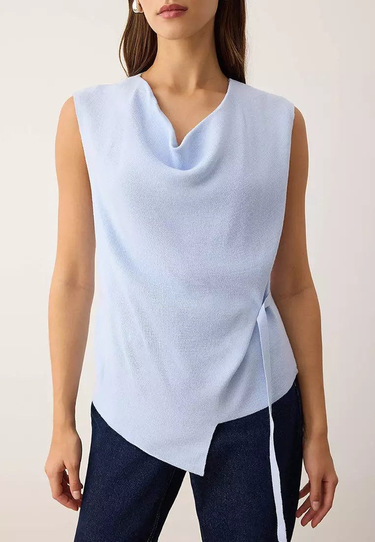 Light Blue Mercerized-Look Asymmetric Cowl Neck Knitted Thin Blouse