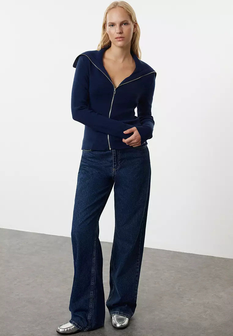 Navy Blue Mercerized Look Premium Yarn/Special Yarn Basic Knitwear Cardigan TWOAW25HI00036