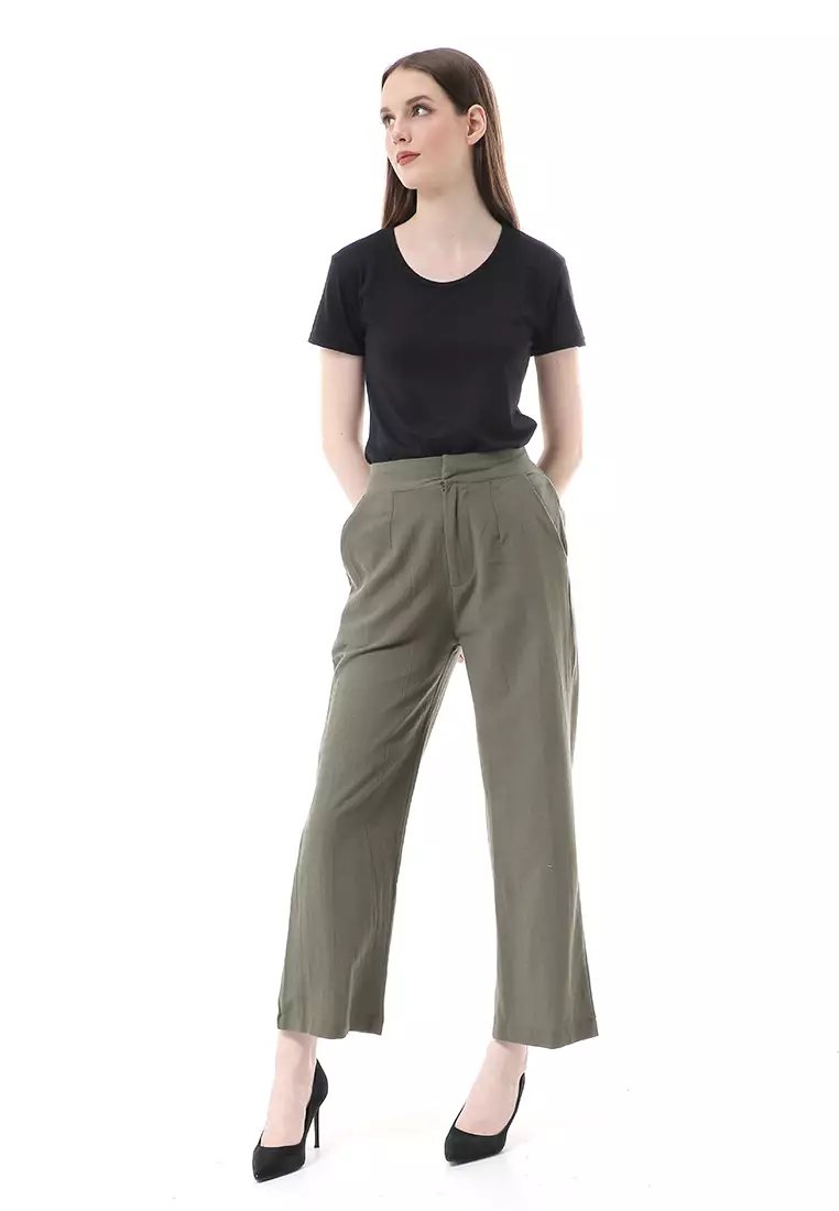 Celana Kulot Bawahan Wanita Highwaist Desain Casual Motif Polos Regular Fit - Army