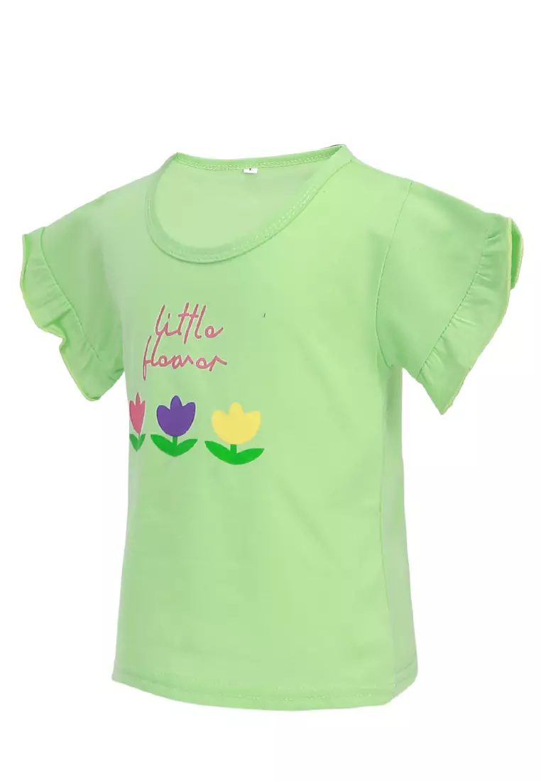 Chevelle Kaos Anak Perempuan Lengan Terompet Ruffle Tee Motif Bunga Material Cotton ORIGINAL - Green