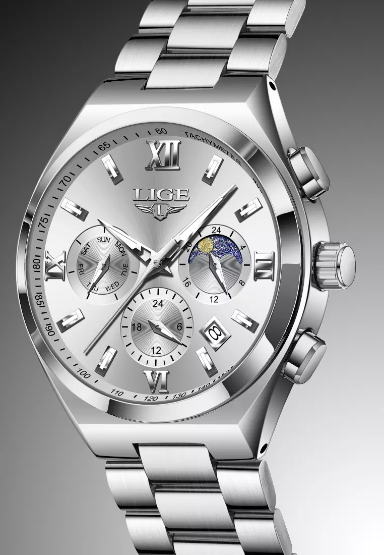 Chronograph Unisex Stainless Steel Quartz Watch 42mm, Silver dial, on Steel Bracelet