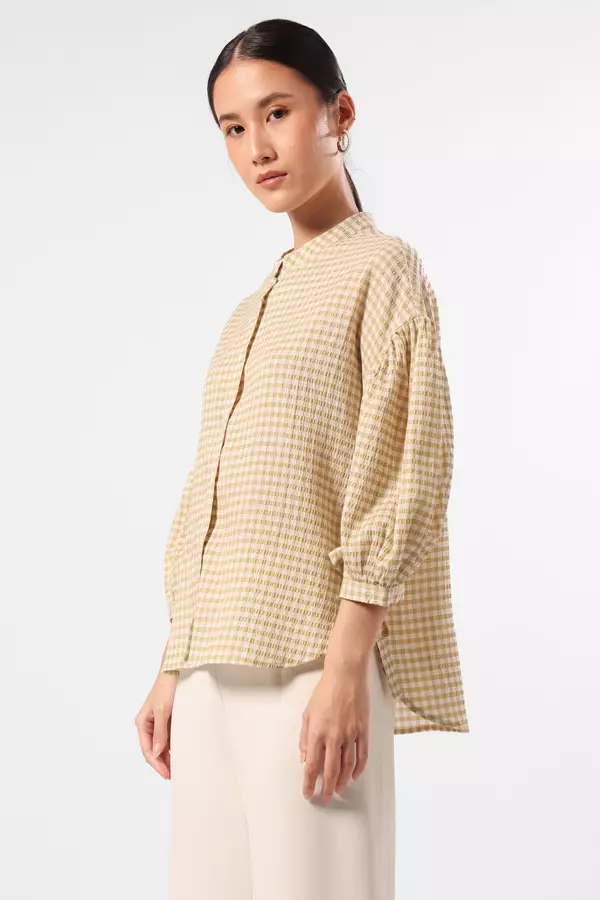 MINIMAL - Harmony - Plaid Blouse Lengan Balon - Brown Colour Brown