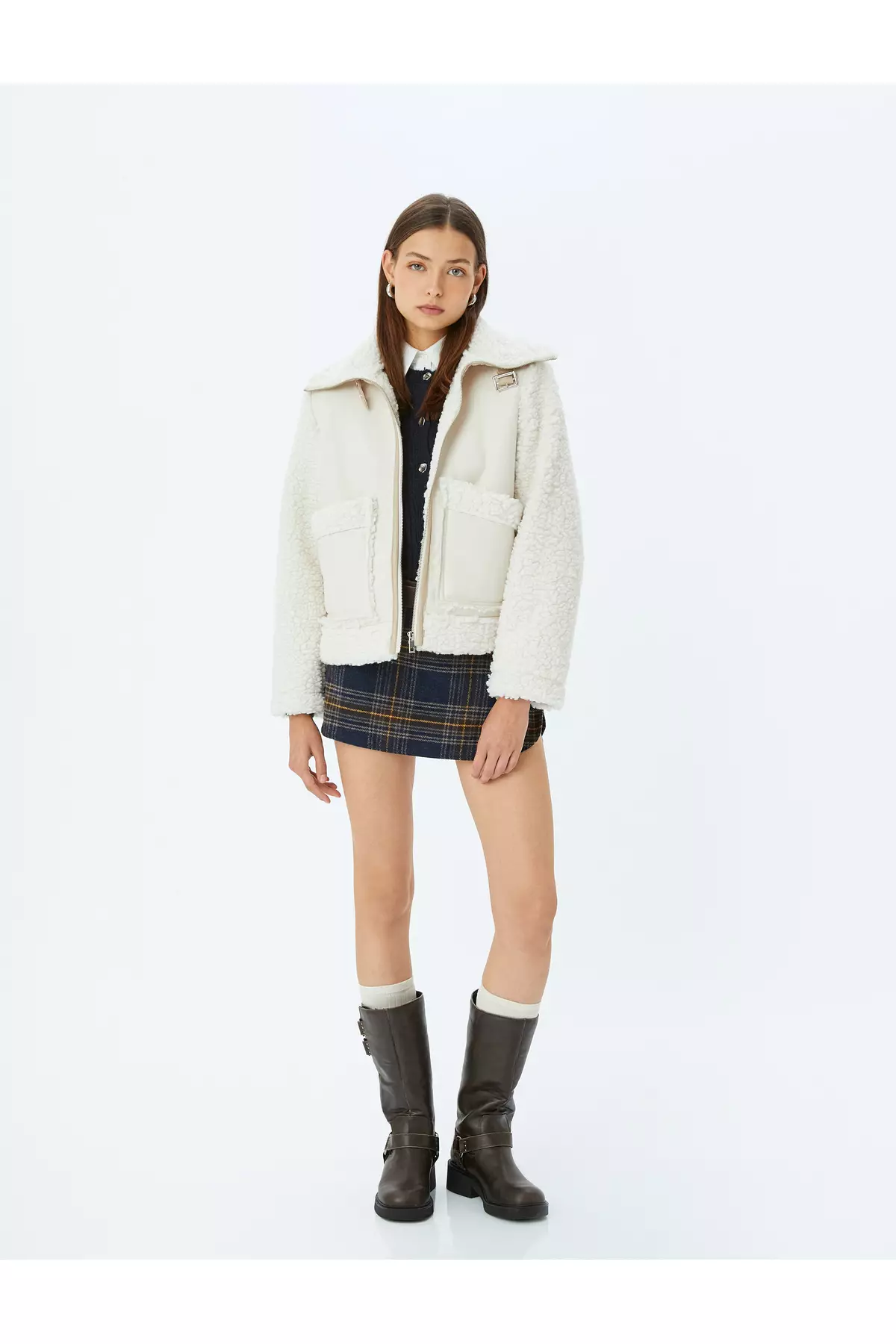 Suede Look Plush Inside Stand Collar Zippered Pocket Jacket