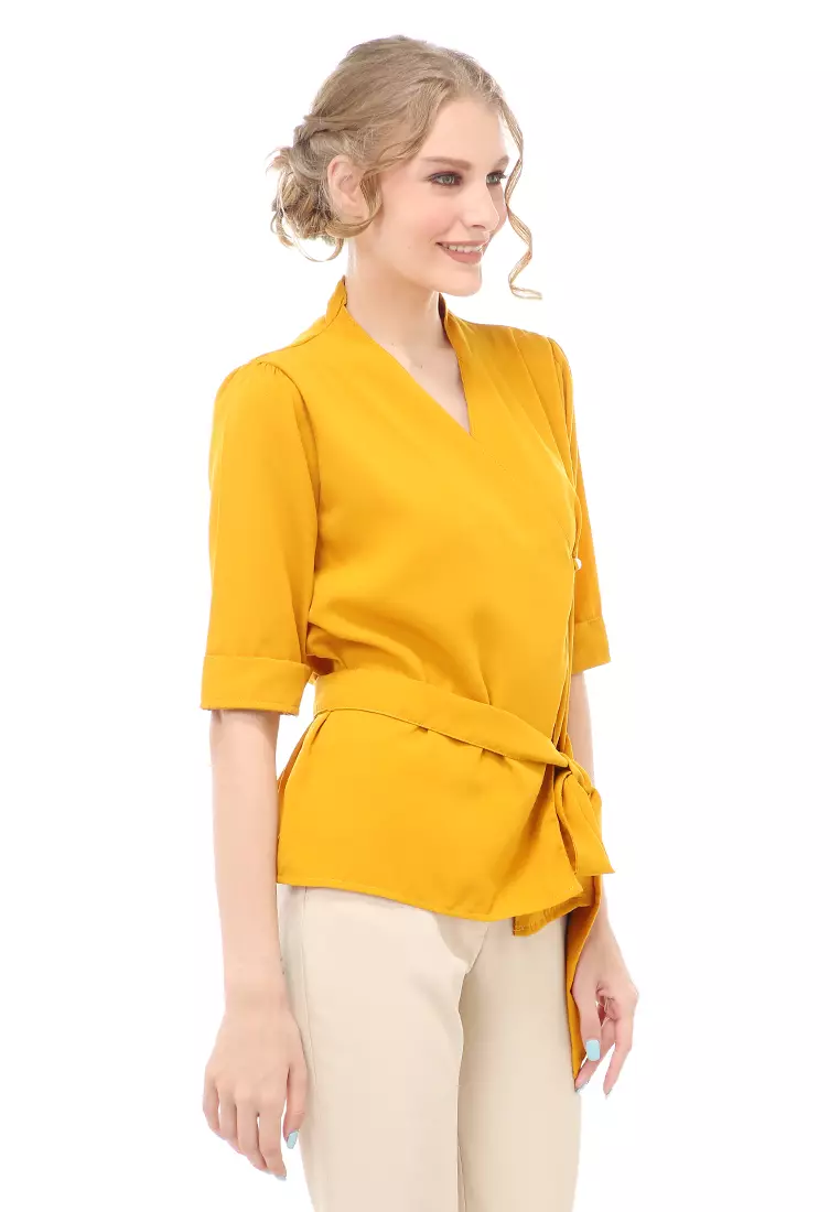 Cheva Blouse Atasan Wanita Kasual Model Tali Ikat Pinggang Material Wolfis ORIGINAL - Mustard