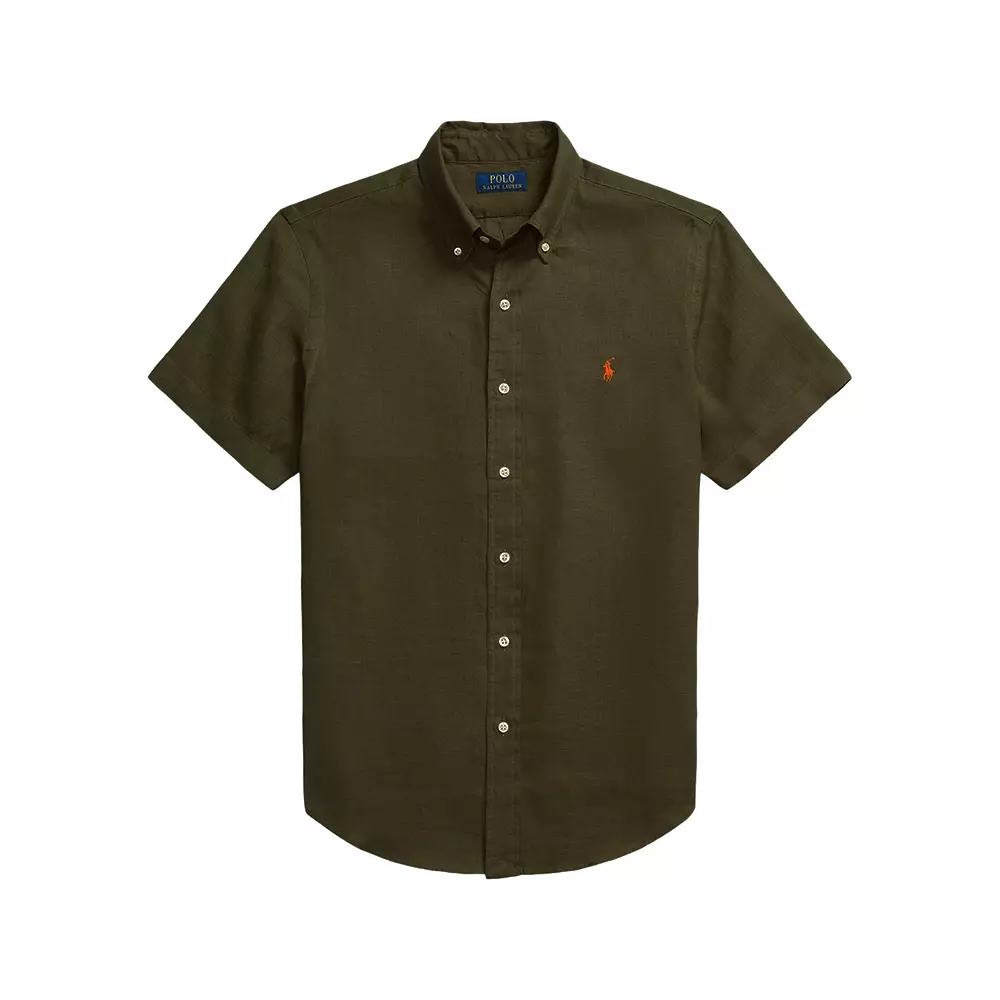Custom Fit Linen Short Sleeve Shirt Dark Green