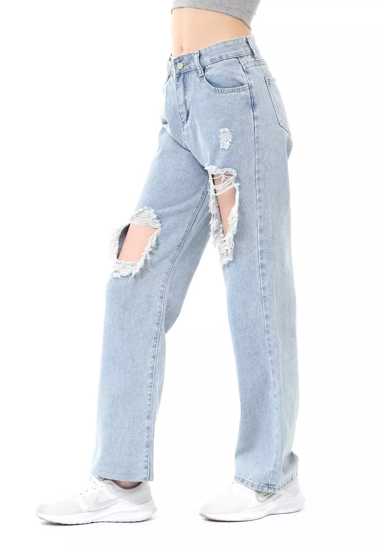 Stella Highwaist Baggy Ripped Jeans Wanita Long Pants Desain Sobek Material Denim ORIGINAL - Blue