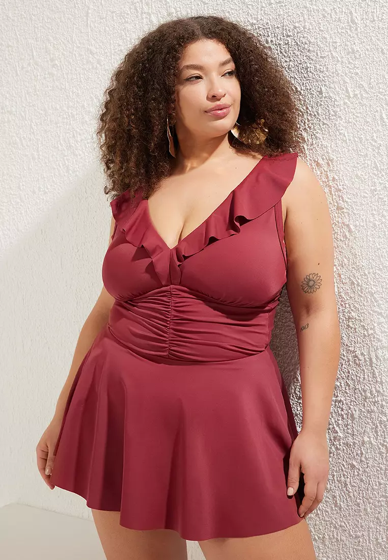 Burgundy Collar with Ruffle Detail Pleated Waist Skirted Plus Size Swimsuit TBBSS25AM00018