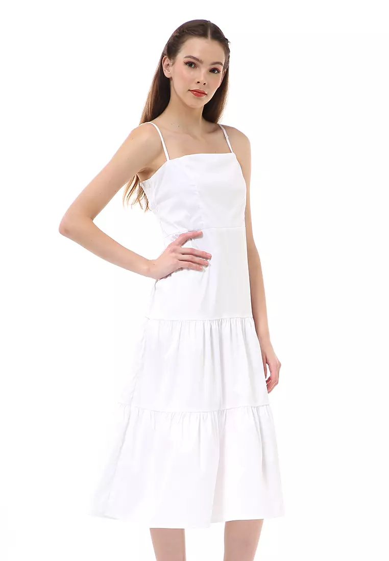 Rachel Strap Dress Wanita Simple Desain Motif Polos Material Cotton ORIGINAL - White