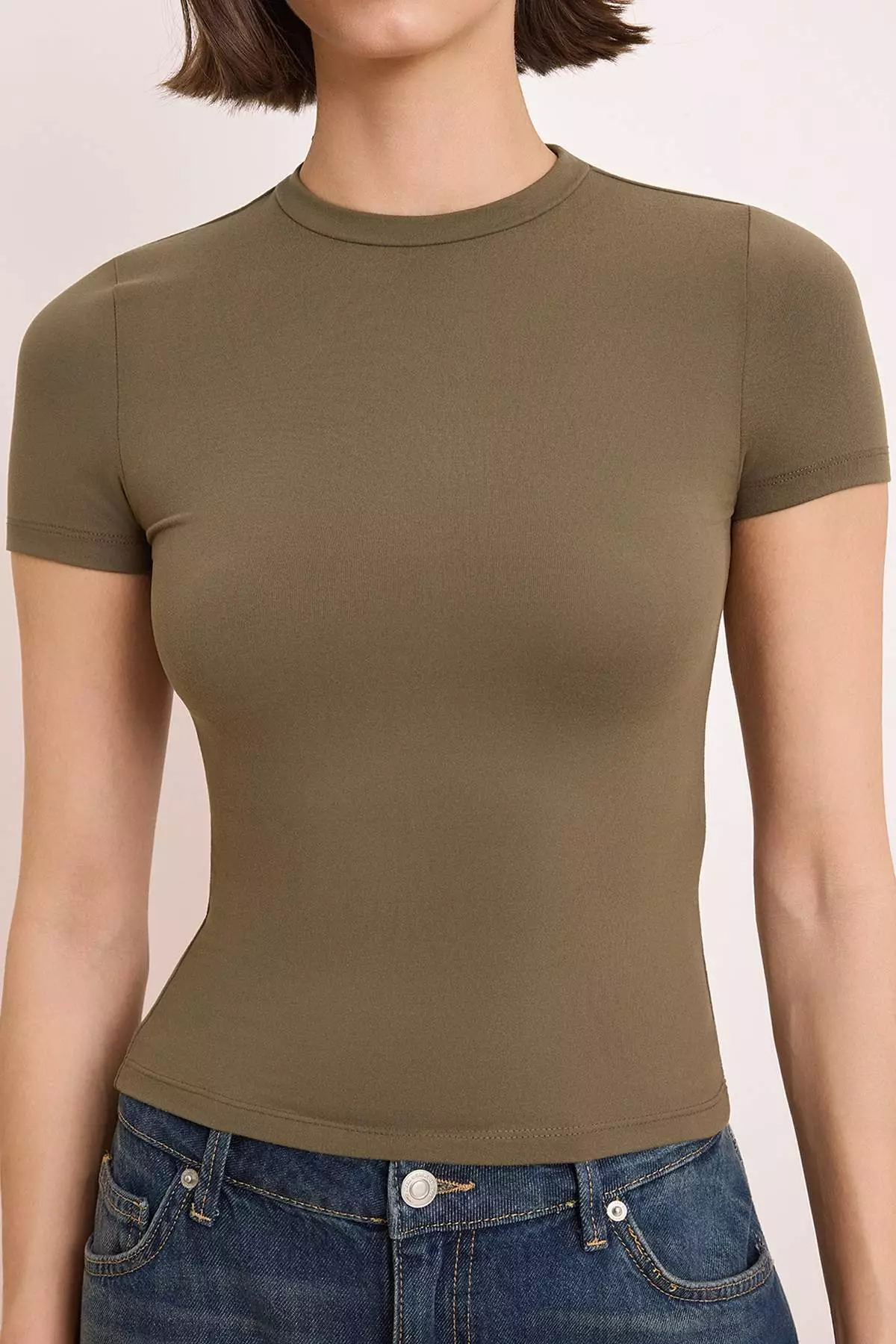 Khaki Plain Fitted Crew Neck Standard Sleeve Short Polyamide Knitted T-Shirt Twoss26Ts151