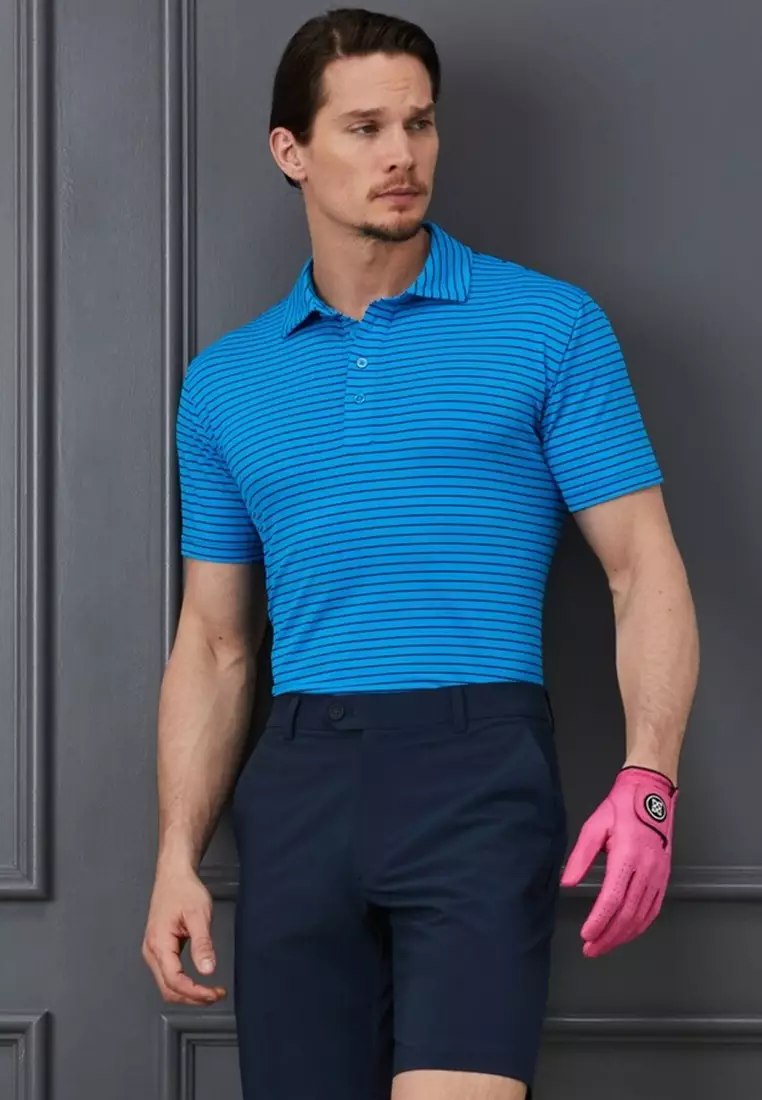 G/Fore Men's Perforated Multi Stripe Tech Jersey Rib Collar Slim Fit Polo
