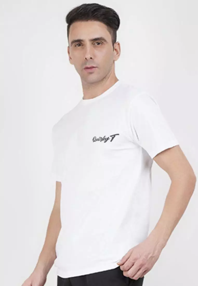 背面印花摇滚白色棉质短袖圆领休闲 T 恤