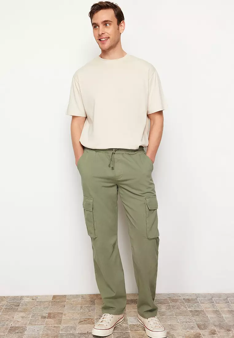 Light Khaki Unisex Regular Fit Elastic Waistband Cargo Pocket Trousers TMNSS24PL00003