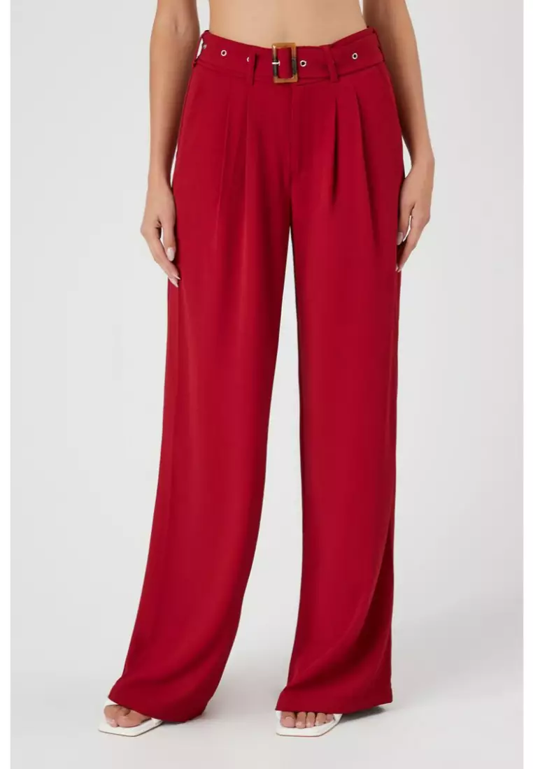 Missguided Red Satin Pleat Front Wide Leg Trousers, $51, Missguided