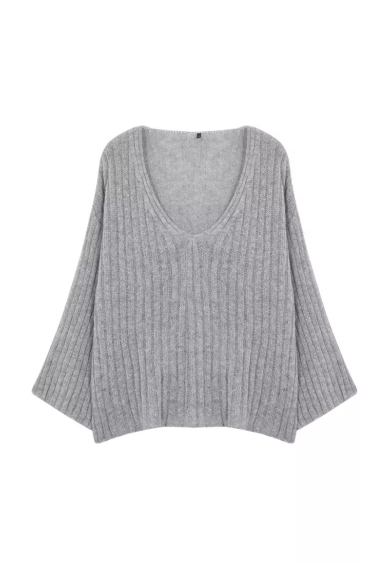Gray V-Neck Ribbed Knitwear Sweater Tbbaw25An00023