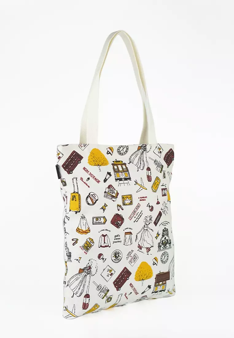 Tote Bag Bahan Kanvas Penutup Resleting Motif Travel