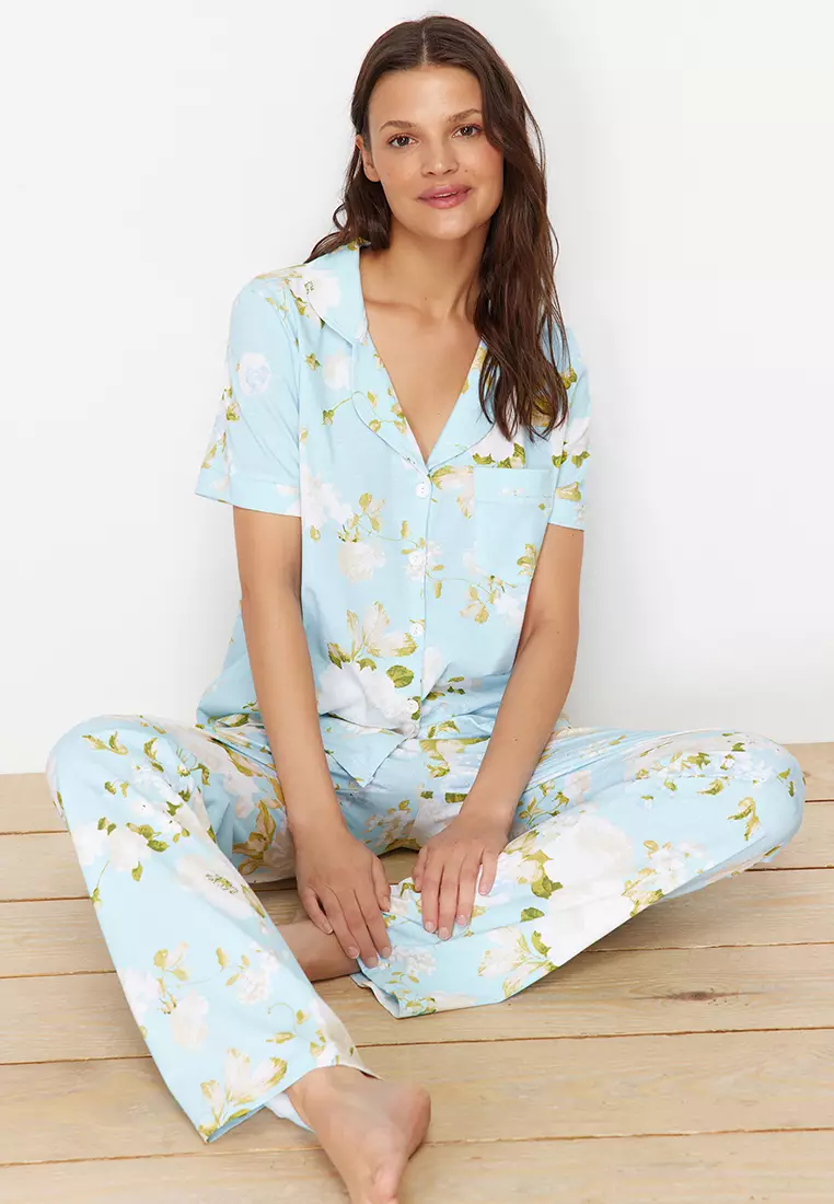 Blue 100% Cotton Floral Patterned Knitted Pajama Set