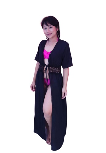 PINK N' PROPER black Leia Eyelet Long Chiffon Beach Kaftan Dress in Black 3217BUS01B30AAGS_1