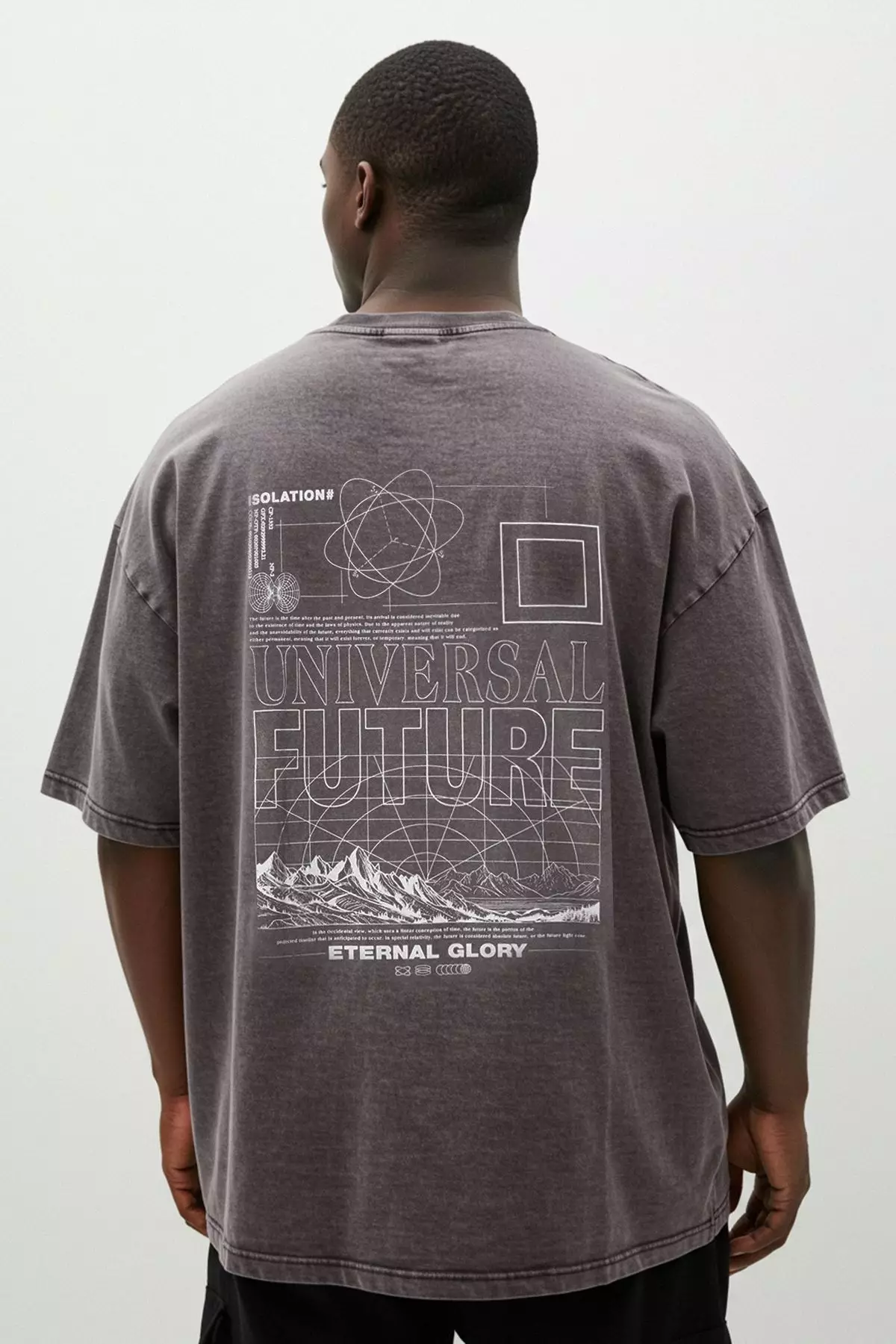 Large Size Anthracite Oversize/Wide Cut Faded Effect Printed 100% Cotton T-Shirt TMNSS25BF00015