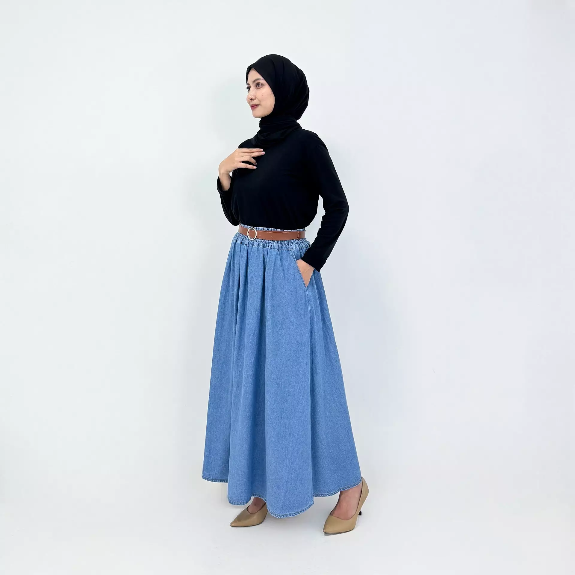 Rok Panjang Jeans Wanita - Audrey Maxi Skirt FREE BELT