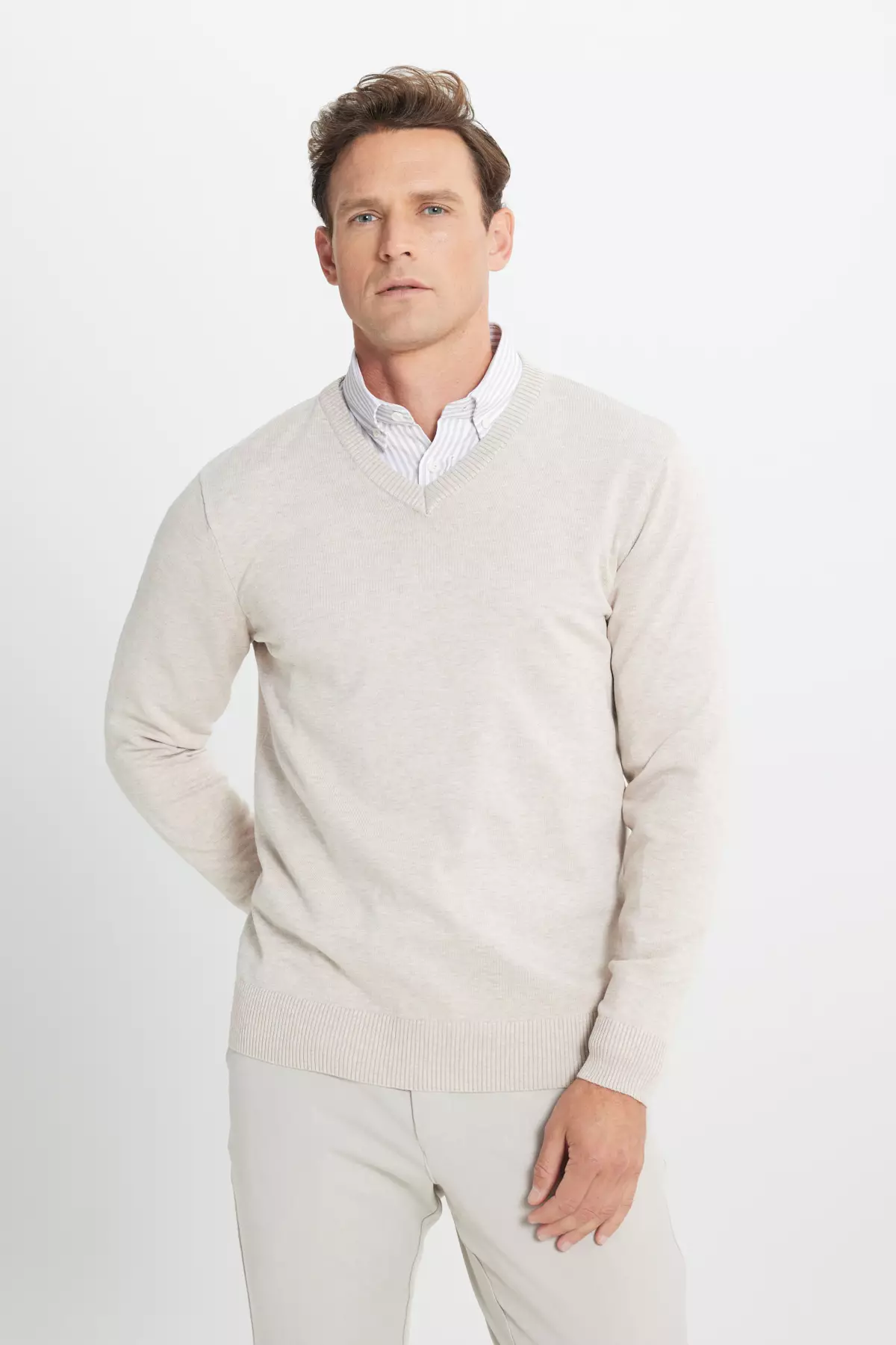 Beige Melange Standard Fit Regular Cut V-Neck Knit Sweater