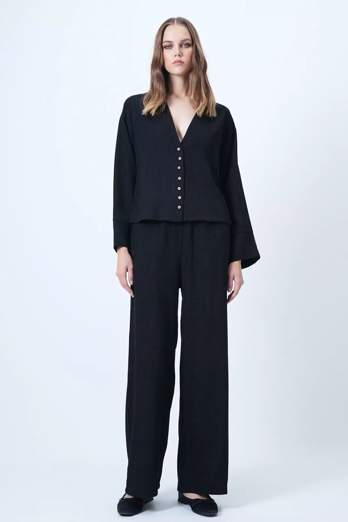 Black Judge Collar Gold Button Detailed Velvet Jacket And Palazzo Trousers Two-Piece Set Alc-X14633