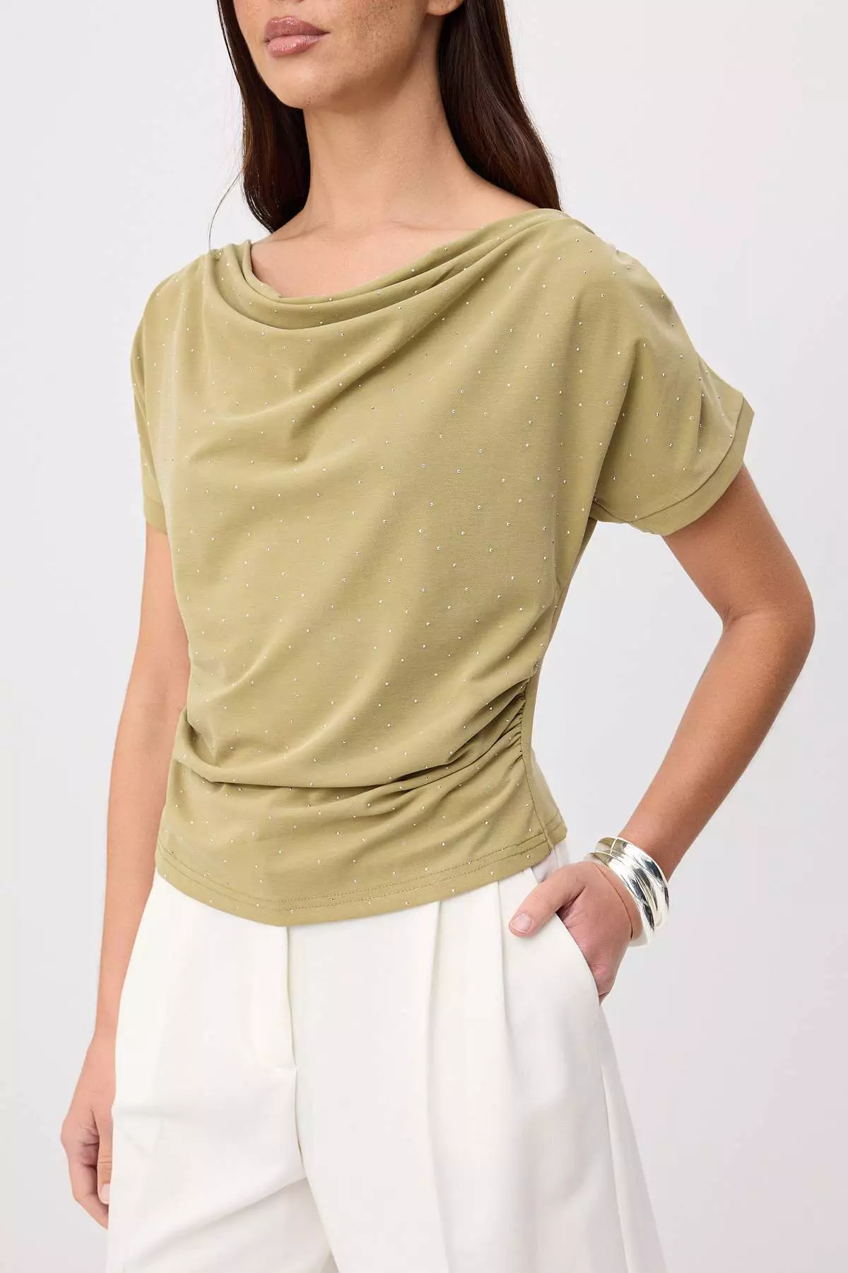 Oil Green Premium Lyocell Content Soft Knitted Blouse With Degaje Collar Stone Detail Twoss26Bz00714