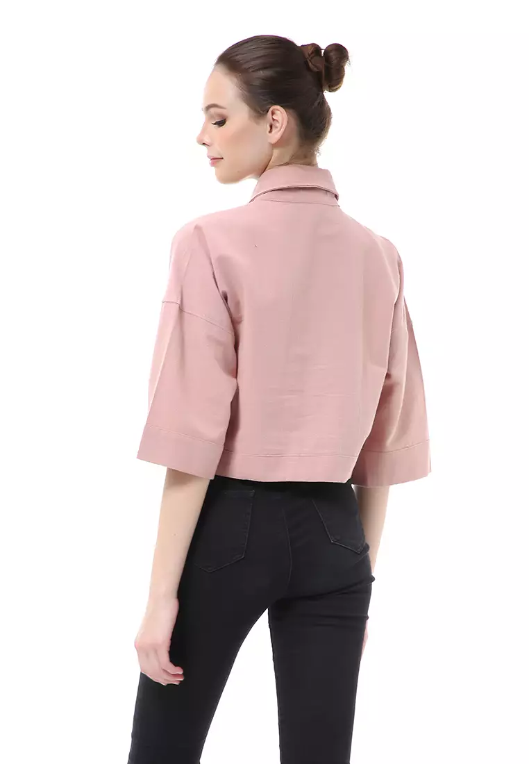 Brielle Atasan Wanita Kemeja Crop Oversize Shirt Lengan Panjang Material Linen ORIGINAL - Dusty Pink