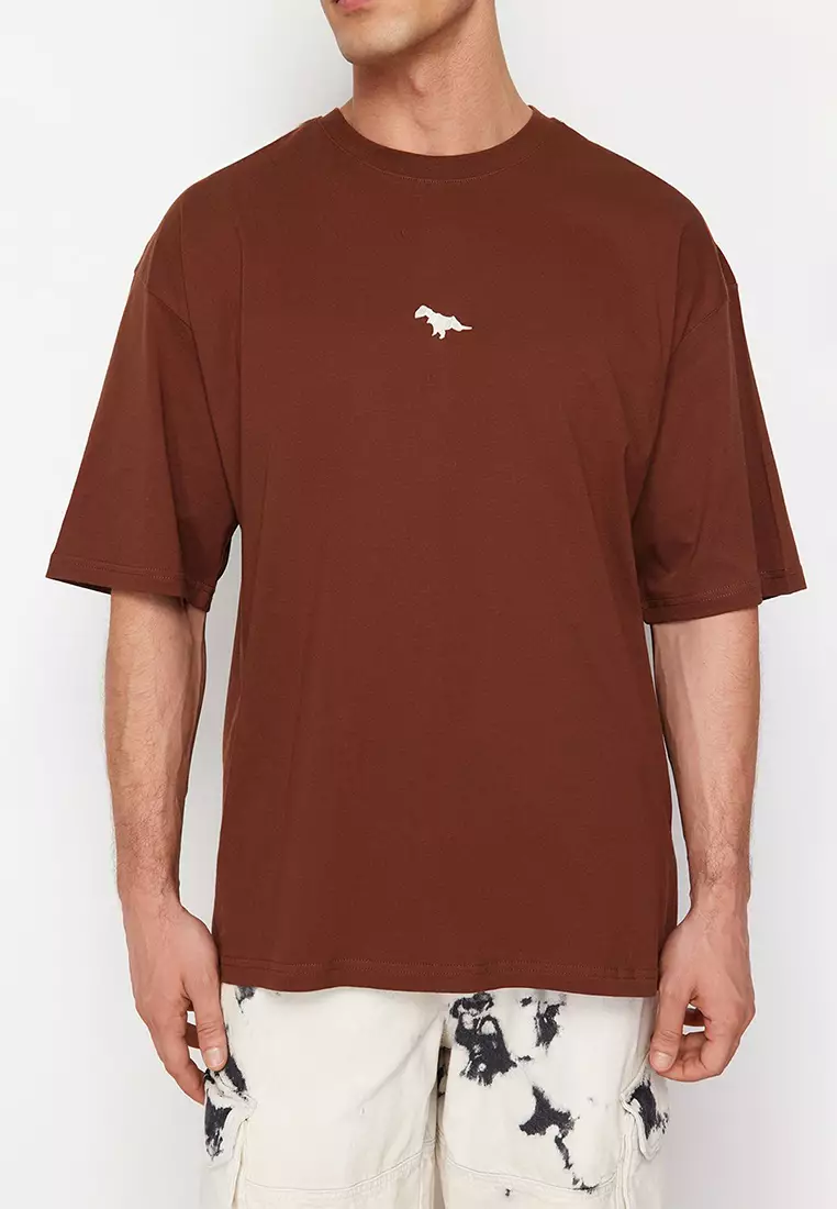 Brown Oversize/Wide Cutting Dinosaur Embroidered 100% Cotton T-Shirt TMNSS23TS00243 TMNSS23TS00243