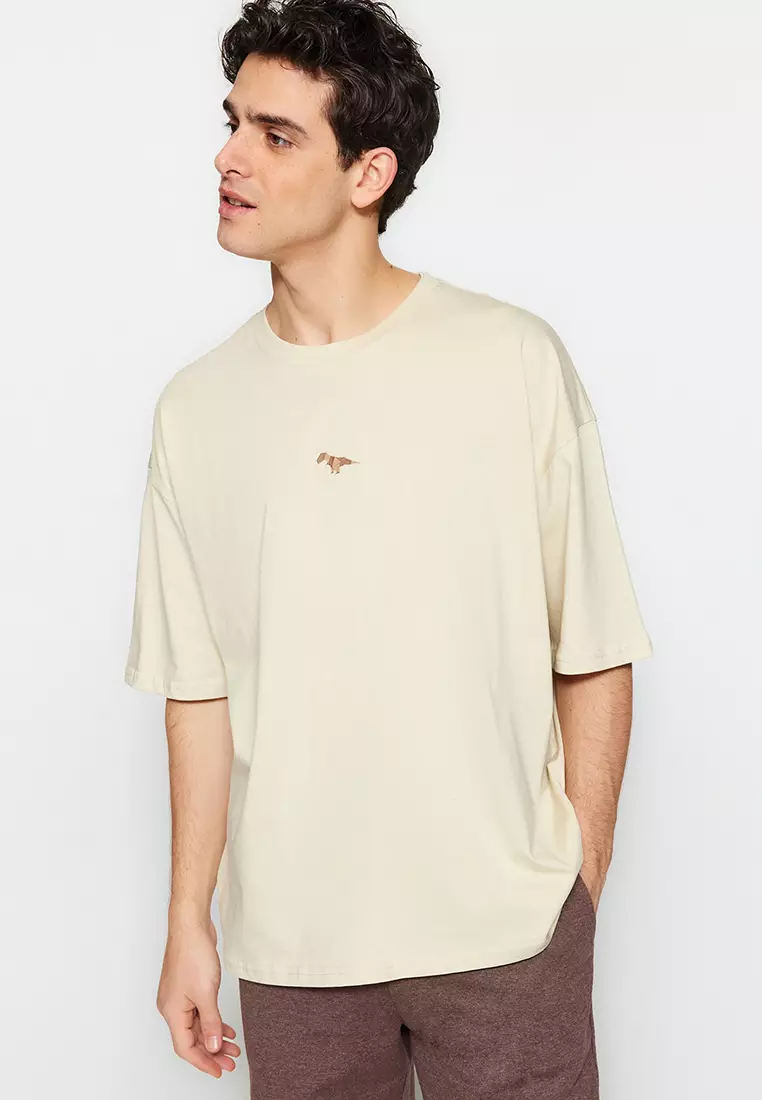 Crew Neck Short Sleeve Dinosaur Embroidered T-Shirt