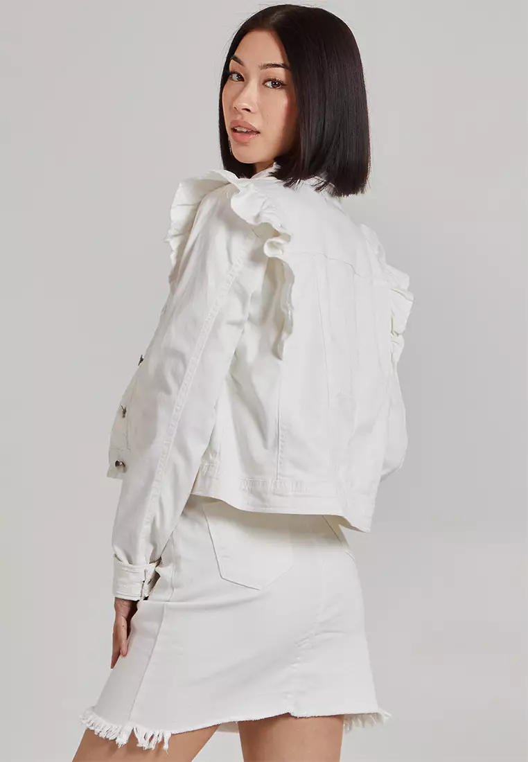 Frill shoulder denim jacket sales