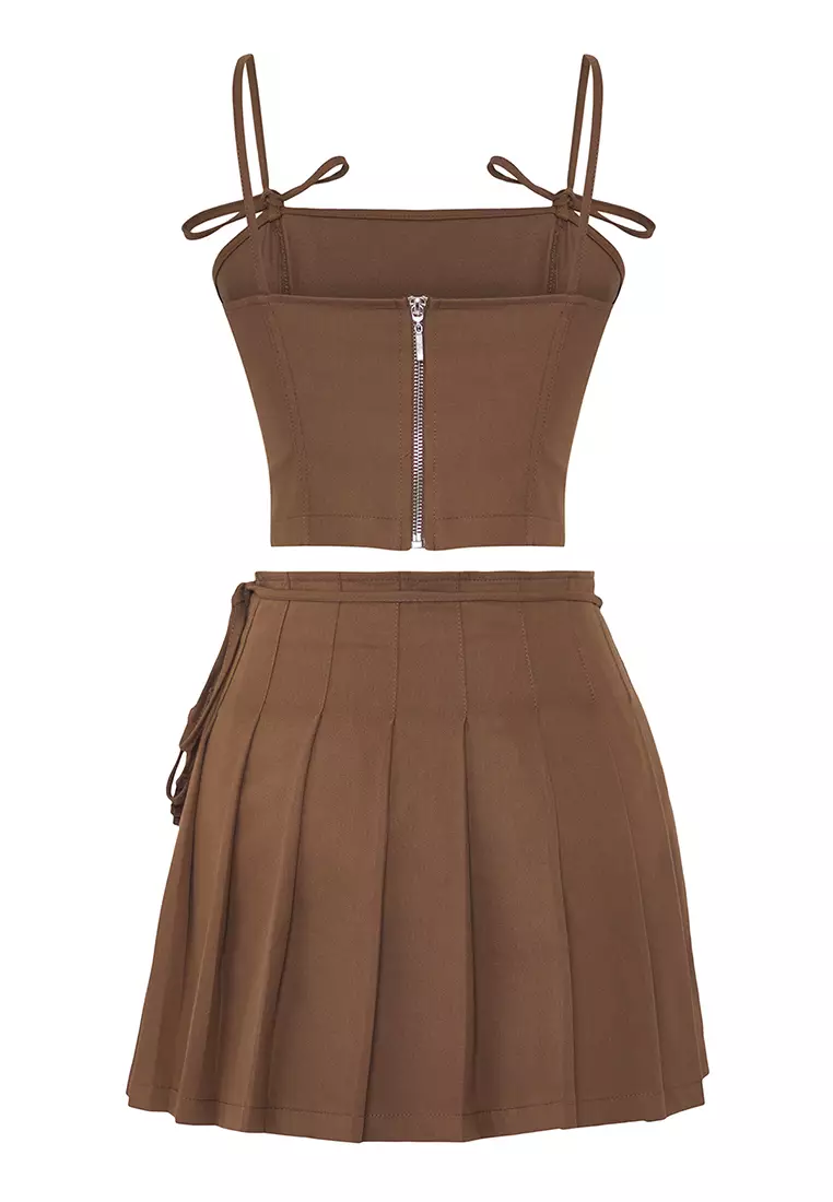 Light Brown Pleated Double Breasted Skirted Bow Crop Blouse Cotton Two Piece Bottom Top Set TWOSS25AU00111