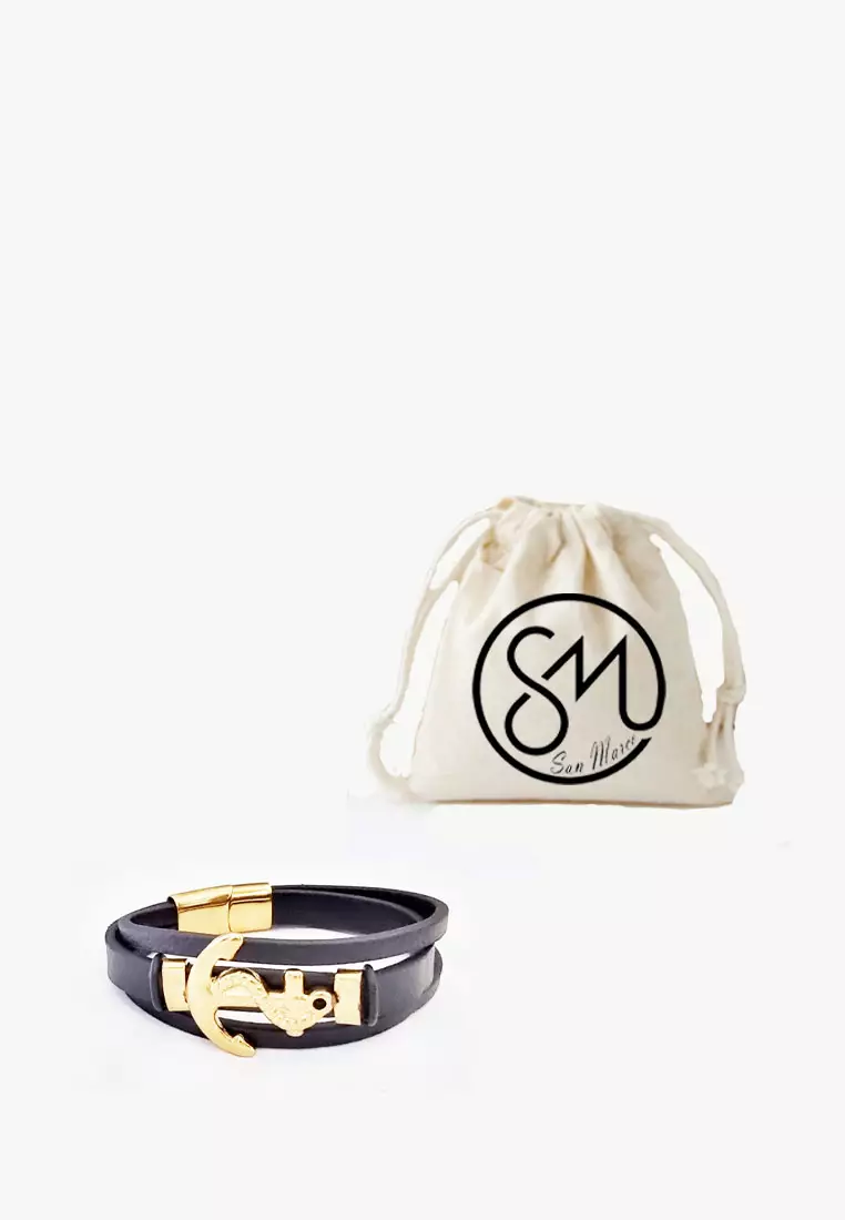 Accessories Pria Anchor Classic Charm  Leather Bracelet Gelang Pria Black & Gold