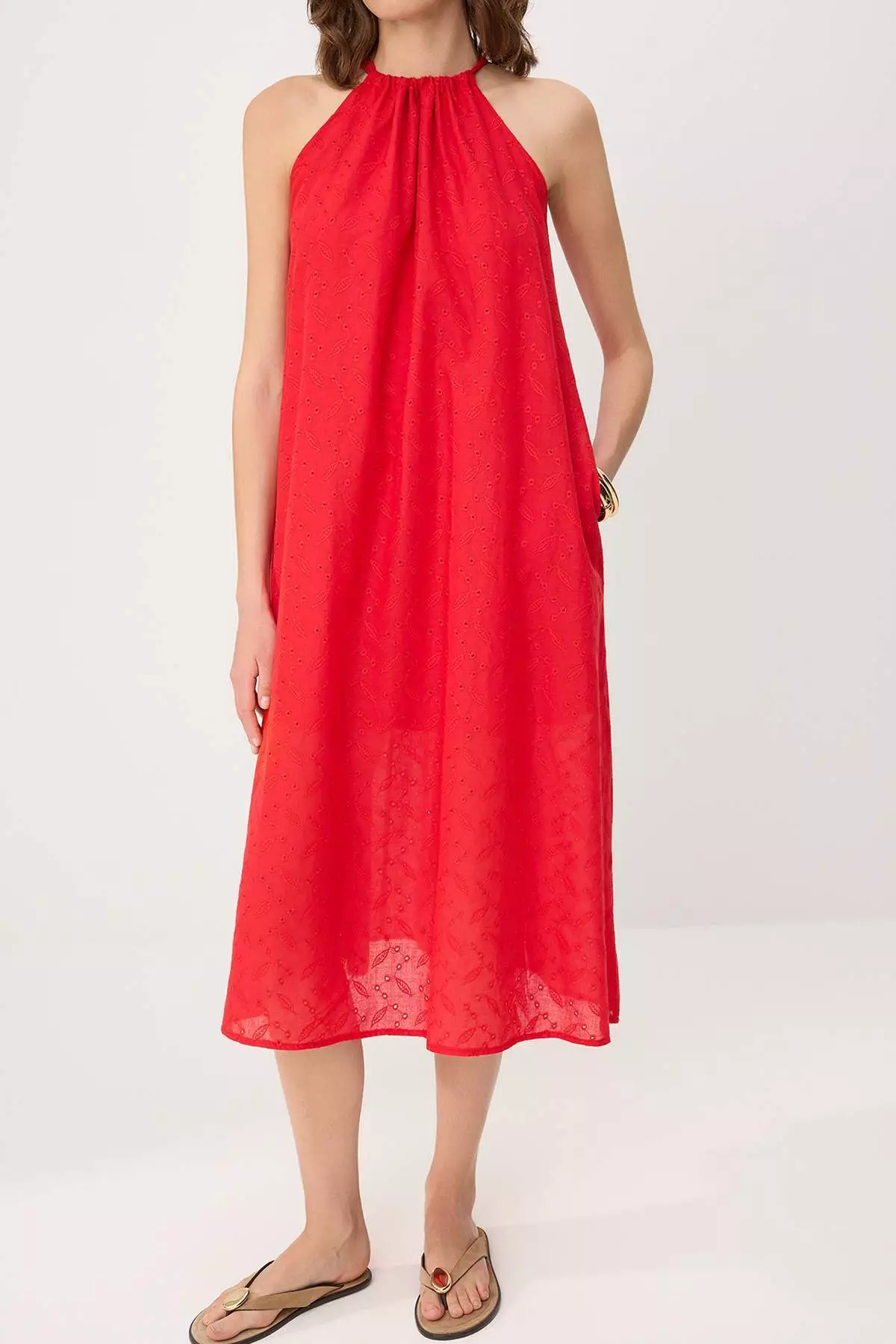 Red Embroidered Relaxed Fit Midi Woven Dress Twoss26El444