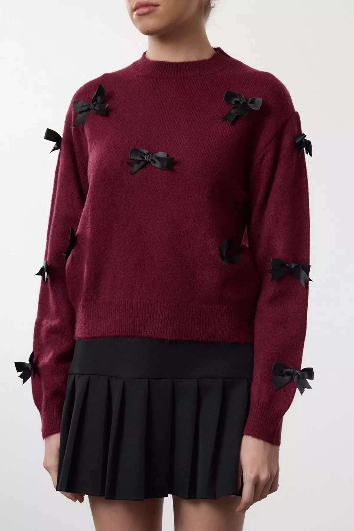 Claret Red Soft Textured Ribbon/Bow Detailed Knitwear Sweater TWOAW25KZ00155