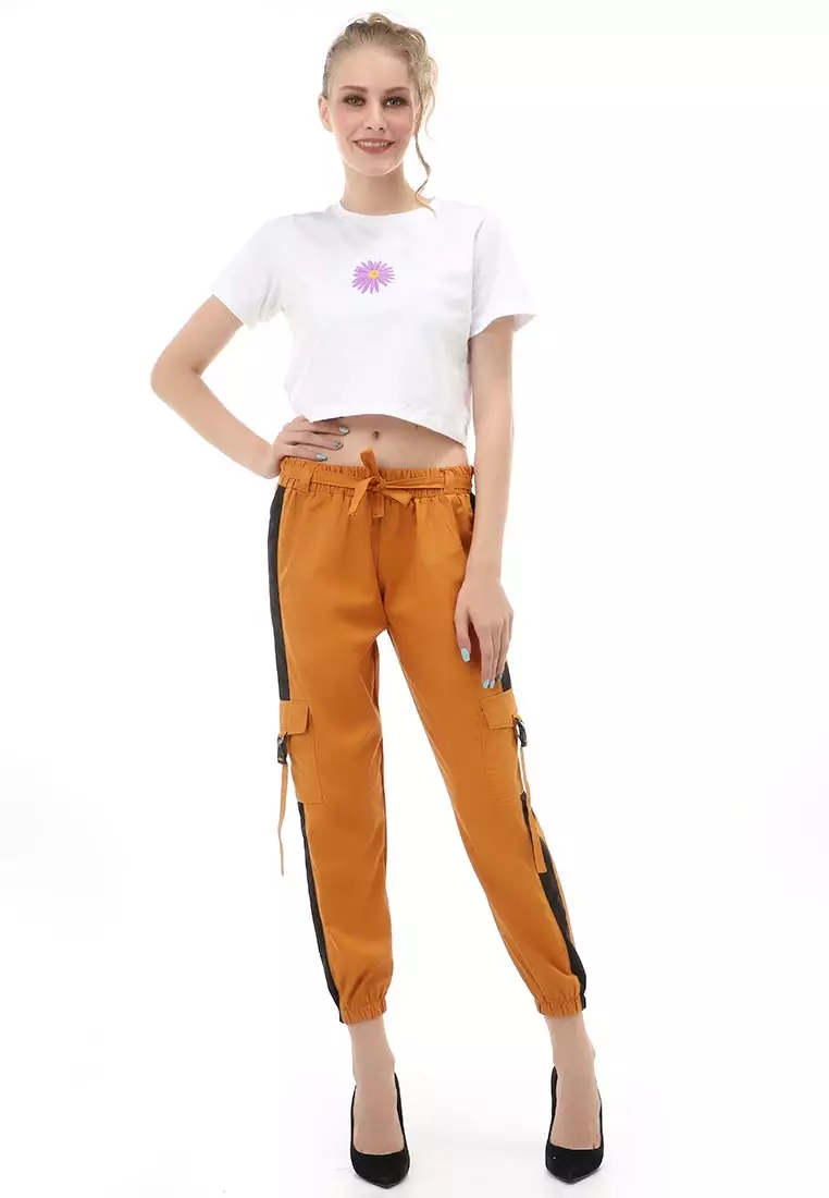 Jourel Celana Panjang Kasual Wanita Jogger Cargo Pants Plered Line Material Cotton ORIGINAL - Mustard Black